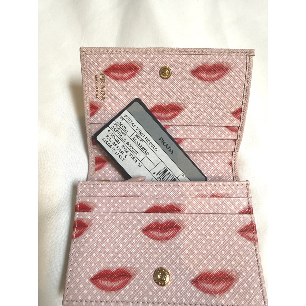 Prada Pink Saffiano Leather Wallet Red Bocche Lip Print NWT + Box + Reg - Picture 9 of 16